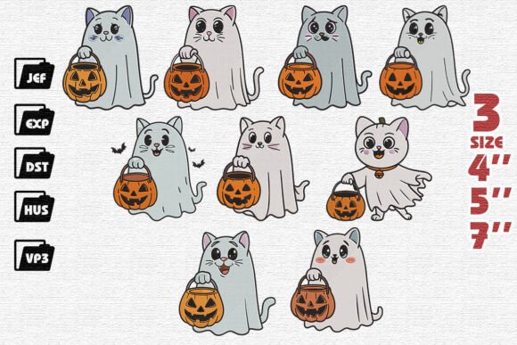 Set of 9 Cute Cat Ghost Embroidery